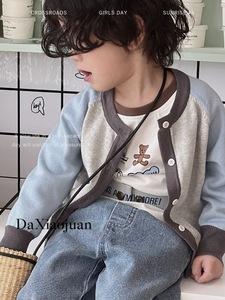 大小卷韩国洋气童装男童春季薄款外套儿童时髦拼色休闲针织开衫潮