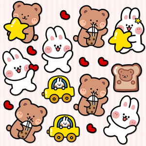 卡通可爱喝奶茶兔子小熊贴画行李箱旅行箱笔记本电脑手机ipad贴纸