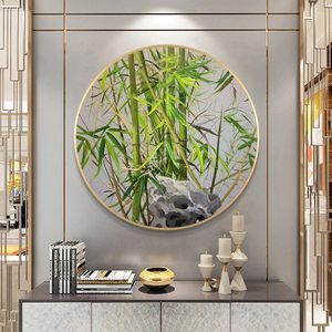 新中式现代挂画简约圆形玄关客厅装饰画成品手绘竹子油画壁画定制