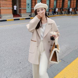 2023秋冬新款韩版小个子中长款双面羊绒毛呢大衣奶茶色呢子外套女