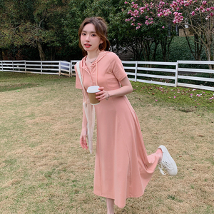 夏季韩版粉色连帽长款短袖卫衣连衣裙女修身显瘦减龄运动休闲长裙