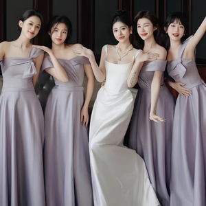 紫色伴娘服2024新款缎面高级姐妹团法式优雅拖地生日party晚礼服
