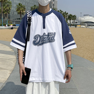 美式潮牌棒球服短袖t恤男夏季新款宽松情侣bf风街头撞色五分袖tee