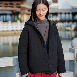 连帽小棉衣冬季棉麻女装禅意中式夹薄棉外套复古国风对襟盘扣棉袄