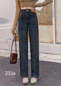 蓝蝶仙子3336女裤2023冬季新款加绒牛仔高腰直筒裤显瘦窄版阔腿裤