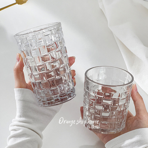 藤编玻璃杯ins清新森系家用浮雕水杯果汁咖啡杯冷饮杯创意格子杯