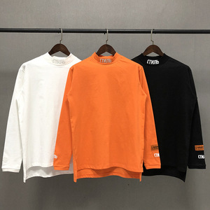 heron ctnnb仙鹤长袖半高领logo刺绣打底衫男高街潮牌宽松情侣t恤