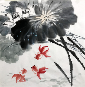 无款手绘国画四尺斗方 3369写意花鸟中式装饰定制水墨画荷花金鱼