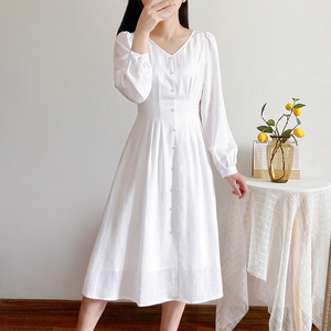 秋季法式白裙子仙女气质收腰中长款小个子v领长袖白色天丝连衣裙