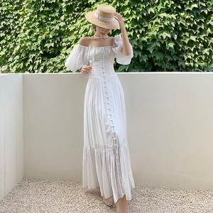 高级感收腰显瘦露背长裙夏超仙气质性感一字肩长款拖地白色沙滩裙