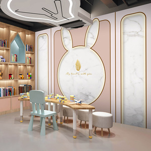 母婴店前台背景童装店壁画轻奢粉色仿石膏线直播间墙布游乐场壁纸