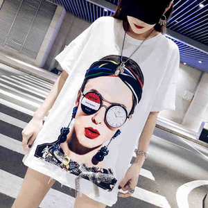 纯棉中长款宽松大t恤女bf风 欧美怪味少女短袖印花头像嘻哈上衣夏