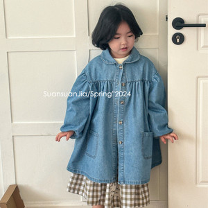 韩系女童可爱娃娃领牛仔风衣春季新品儿童中长款泡泡袖宽松外套韩