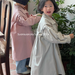韩系童装女童纯色棉布捏擀单排扣风衣春季新品儿童中长款外套洋气