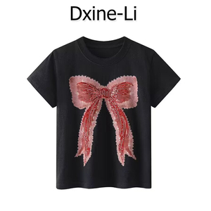 DXINE 2024夏季新款韩版设计感珠片绣花蝴蝶结圆领T恤女短袖上衣