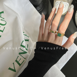 VenusFreeCo时髦绿松石18K镀金方形戒指/圆绿钻宝石叠戴指环男女