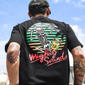 原创潮牌春夏新款男式休闲圆领短袖骷髅冲浪摇滚印花青年潮流上衣