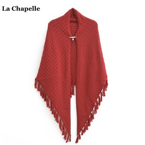 拉夏贝尔/La Chapelle红色外搭针织小披肩斗篷流苏开衫女搭配旗袍