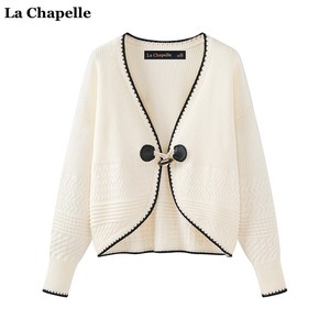 拉夏贝尔/La Chapelle法式V领牛角扣针织开衫女秋季新款外搭毛衣