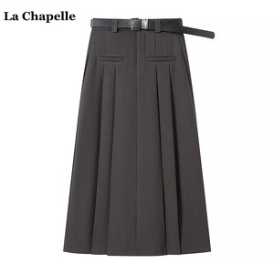 拉夏贝尔/La Chapelle韩版口袋百褶半身裙女春季新款纯色西装长裙