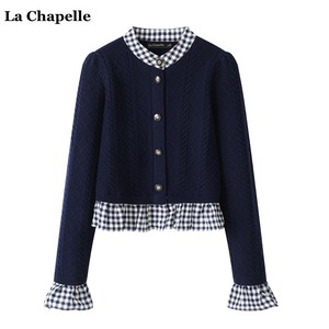 拉夏贝尔/La Chapelle秋季新款假俩件针织开衫女小香风荷叶边毛衣
