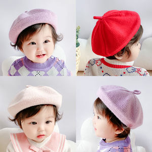 婴儿帽子春秋季女宝宝贝雷帽可爱超萌婴幼儿百搭画家帽针织毛线帽