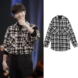 肖战湖南卫视双十一晚会同款黑白格子衬衫百搭外套男女衬衣情侣装