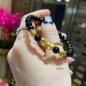 000人付款淘宝澳门周大福专柜999足金黄金手链,黑玉髓迷你黄金貔貅女