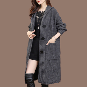 恒源祥大码毛衣外套女秋冬中长款粗毛线加厚针织开衫连帽羊毛大衣