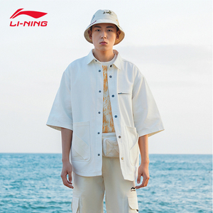 中国李宁男子休闲衬衫1990潮流音乐节春夏新款棉宽松短袖ashs043