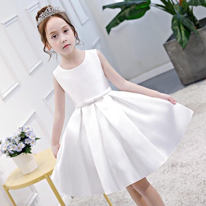 女童礼服高端超仙儿童演出年会表演晚会走秀钢琴白色缎无袖公主裙