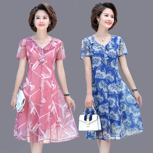 气质妈妈夏装短袖花裙子修身高弹力中年妇女阔太太洋气雪纺连衣裙