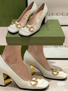 gucci 古奇 白色马衔扣牛皮浅口方头休闲中高跟鞋女士