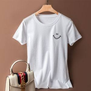 丝光棉短袖白色t恤女圆领笑脸刺绣夏季上衣宽松百搭显瘦图案半袖