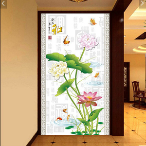 蝴蝶荷花莲花竖幅墙布玄关门厅背景墙壁纸无缝壁布新中式古典名画