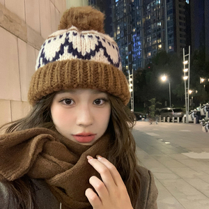 冬季氛围感美拉德棕色针织毛线帽可爱毛球加厚保暖韩版护耳帽子女