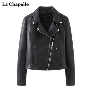 拉夏贝尔/La Chapelle短款pu皮衣外套女翻领修身复古夹克春季新款