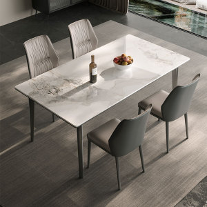 全托底板碳素钢进口亮光岩板餐桌椅组合现代简约小户型长方形饭桌