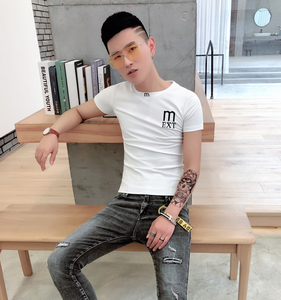 2019夏天男精神修身体恤短袖紧身帅气网红小伙t恤潮衣服半袖t恤衫