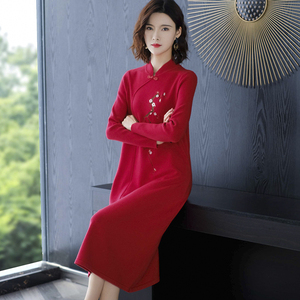 恒源祥改良版旗袍显瘦红色连衣裙中国风现代长裙子秋冬针织羊绒衫
