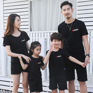 夏季简单洋气母子3人半袖亲子装黑色t恤一家三口四口全家短袖上衣