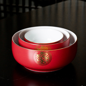汉红结婚喜碗高档长寿碗陶瓷碗家用大碗大面碗婚庆碗筷餐具红色碗