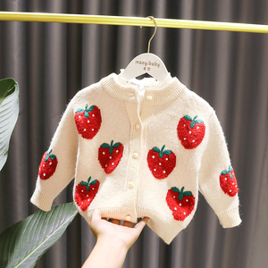 1-5岁女宝宝手工草莓毛衣外套女婴儿童秋装新款3女童可爱针织开衫