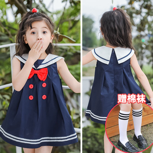 韩版宝宝连衣裙2024夏季新款6女童4童装3儿童2无袖裙子5岁海军风