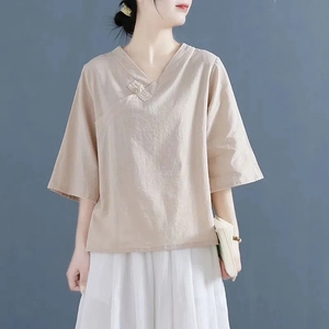 时尚韩版棉麻纯色V领衬衣T恤女2024年夏季大码宽松亚麻五分袖上衣