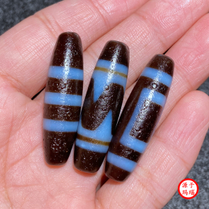 西藏真品蓝沁色三九眼虎牙天珠吊坠玛瑙玉髓老料手串项链配饰男女