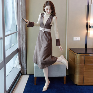 欧美风女装2021流行裙子时尚秋款连衣裙长袖女人味套装两件套洋气