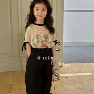 韩国品牌milai女童T恤2024夏装卡通儿童短袖t女孩上衣薄防晒裤子
