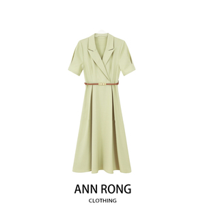 AR高端品质西装连衣裙女夏季时尚气质收腰显瘦流行豆绿色a字长裙