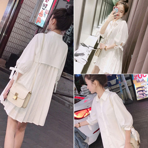 韩国24新款中长款白色连衣裙韩版洋气vetiver衬衫女设计感小众潮